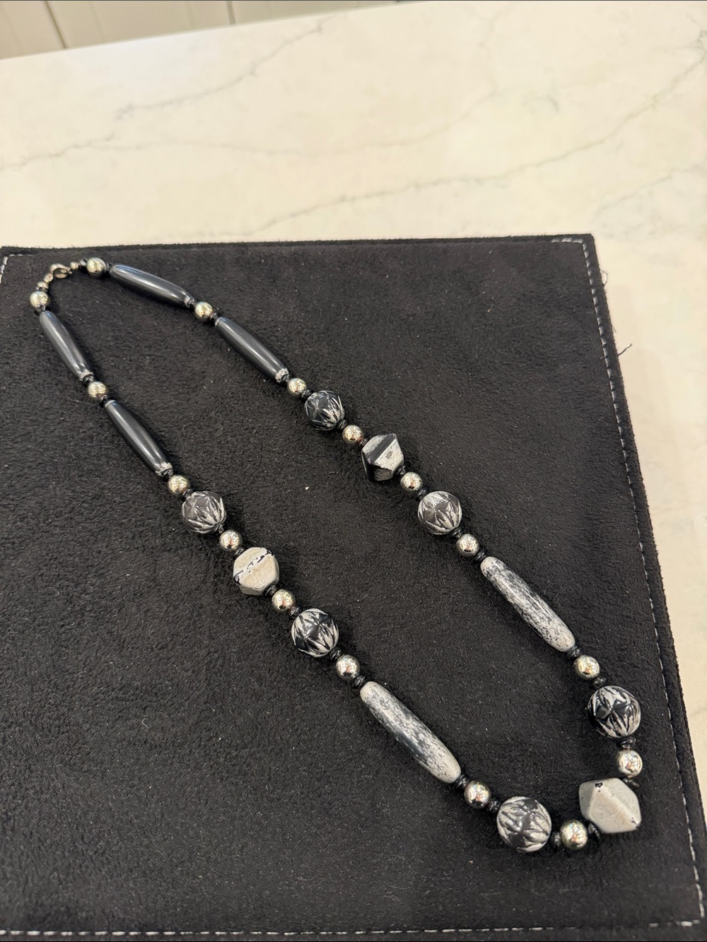 Source Unknown Black and Silver Carved Bead Necklace